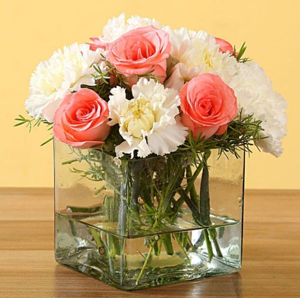 Roses & Carnations With Vase